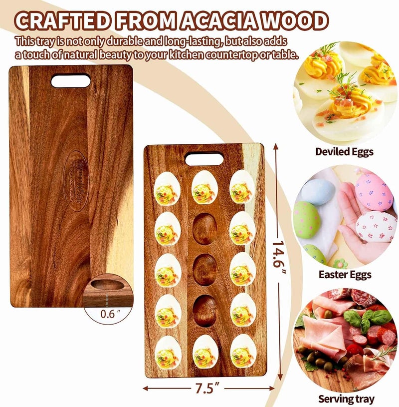 Erwuldor Acacia Wood Deviled Egg Platter,15Holes Deviled Egg Tray.Strip Deviled Egg Holder for Deviled Eggs.Small Charcuterie Board Easter Deviled Egg Carrier for Kitchen Countertops - Image 4